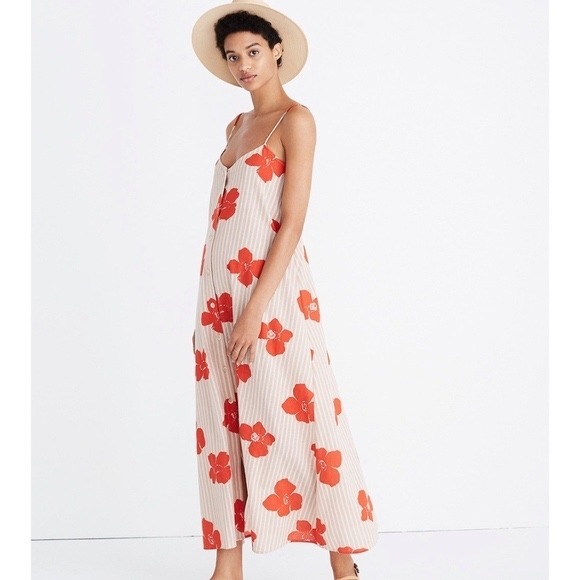 Madewell Dresses & Skirts - Madewell Poppy Floral Stripe Button Front Tie Back Midi Dress Orange XS